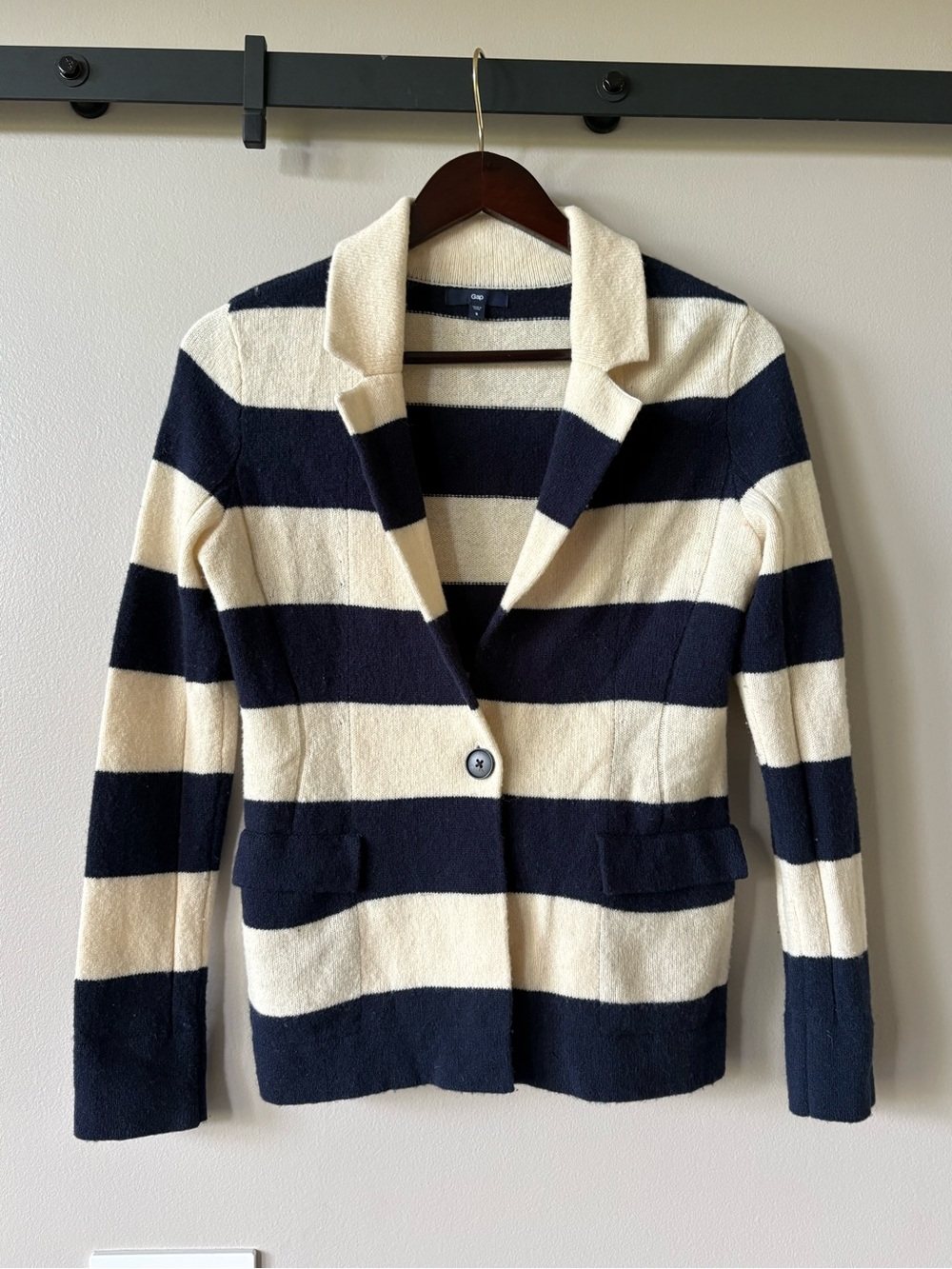GAP Blue Cream Rugby Striped Sweater Jacket Blazer Cardigan Sz S 100% Lambswool